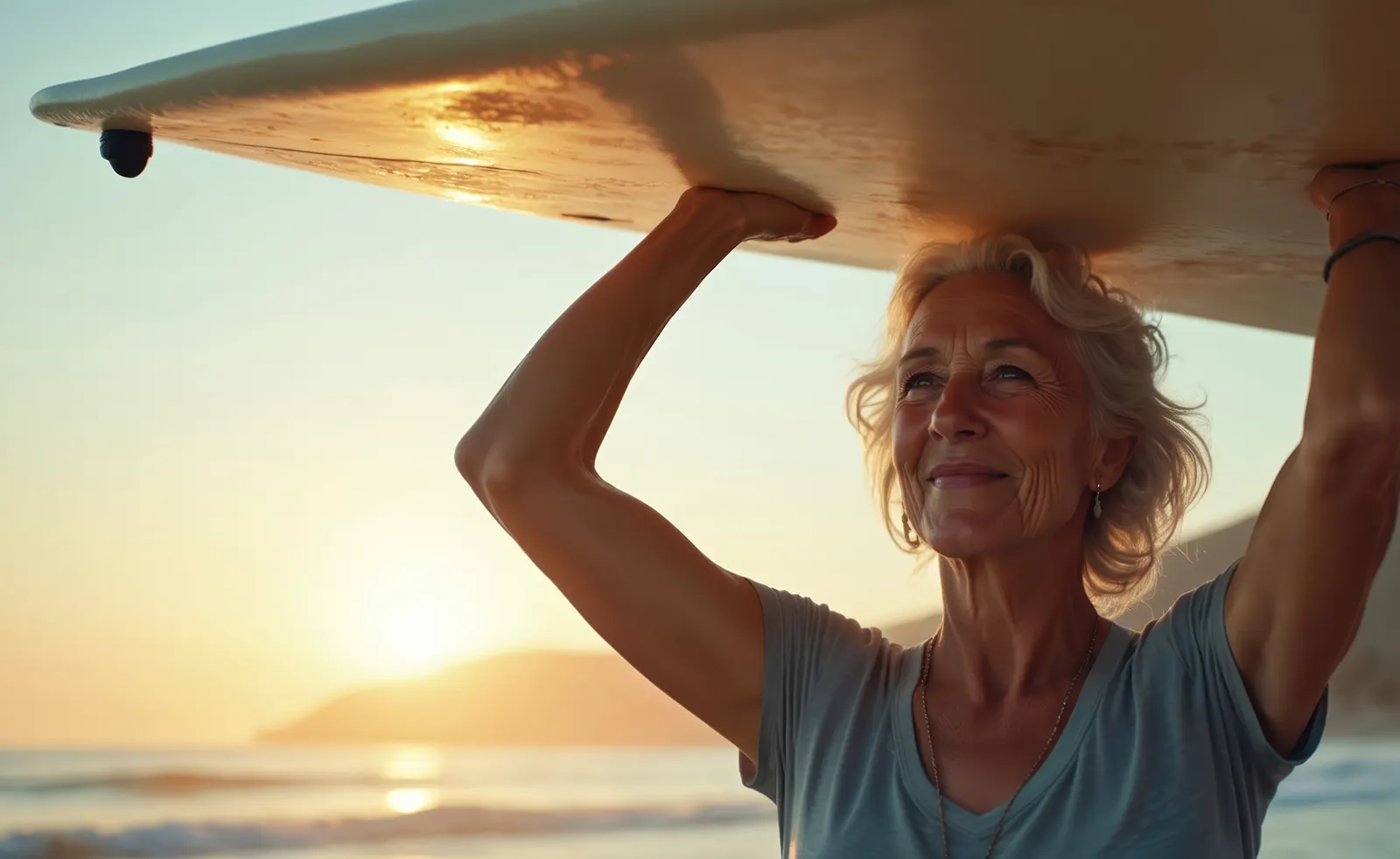 A smiling woman in retirement carrying a surfboard over her head on the beach at sunset
